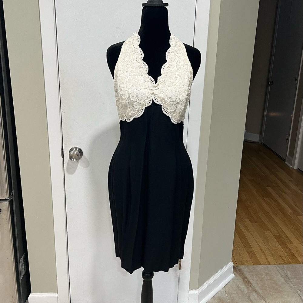 Elegant Black and Cream Lace Halter Dress
